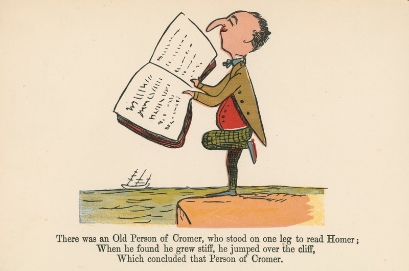 Det fanns en gammal person i Cromer som stod på ett ben för att läsa Homer, ur "A Book of Nonsense", publicerad av Frederick Warne and Co. i London, ca 1875. av Edward Lear