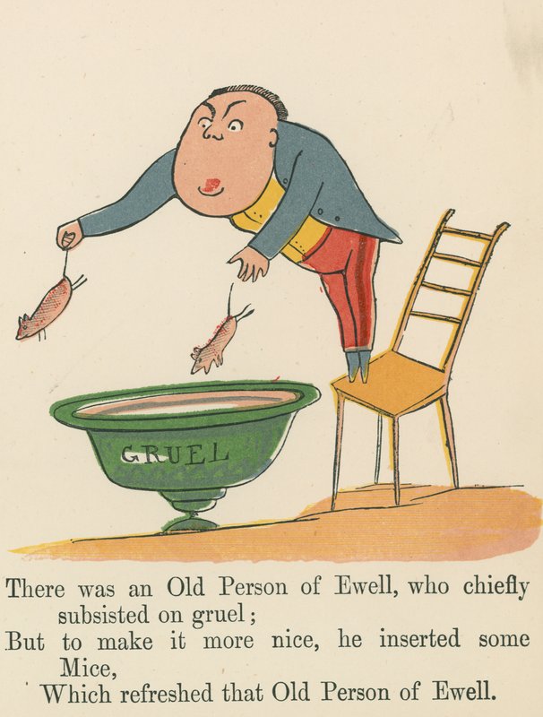 Det fanns en gammal person i Ewell som huvudsakligen levde av gröt, ur "A Book of Nonsense", utgiven av Frederick Warne and Co. i London, ca 1875. av Edward Lear