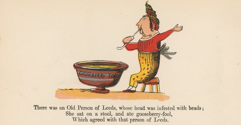 Det fanns en gammal person från Leeds, vars huvud var angripet av pärlor, från "A Book of Nonsense", utgiven av Frederick Warne and Co., London, ca 1875 av Edward Lear