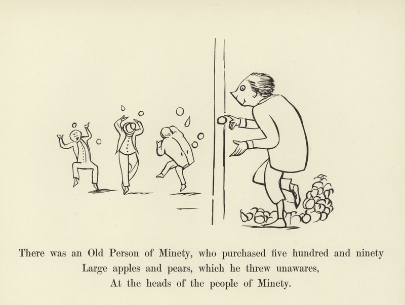 Det var en gammal minitetsperson, som köpte femhundranittio stora äpplen och päron av Edward Lear