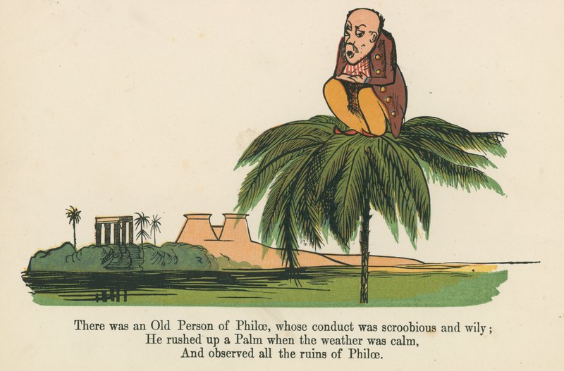 Det fanns en gammal person i Philae, vars beteende var skroobiskt och listigt, ur "A Book of Nonsense", utgiven av Frederick Warne and Co. i London, ca 1875. av Edward Lear