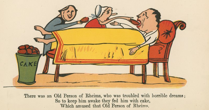 Det fanns en gammal person i Reims som hade hemska drömmar, ur "A Book of Nonsense", utgiven av Frederick Warne and Co. i London, ca 1875. av Edward Lear