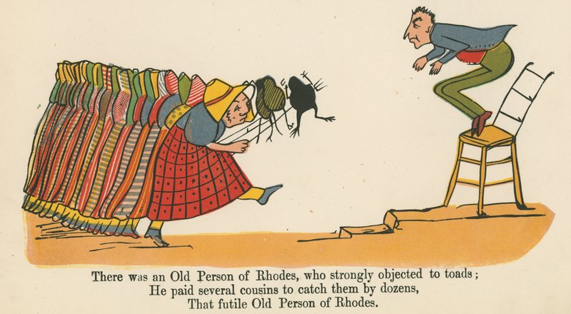Det fanns en gammal person på Rhodos som starkt motsatte sig paddor, ur "A Book of Nonsense", utgiven av Frederick Warne and Co. i London, ca 1875. av Edward Lear