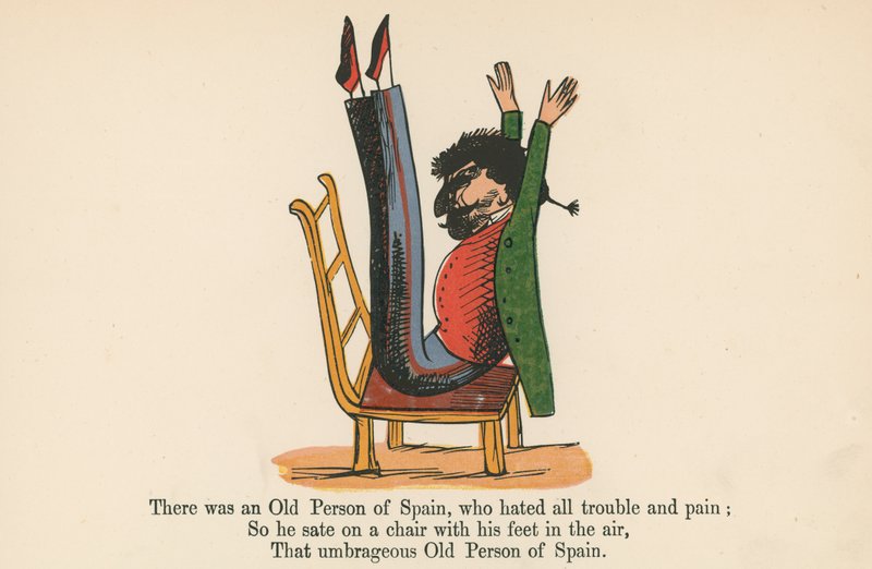 Det fanns en gammal person i Spanien, som hatade alla problem och smärta, från "A Book of Nonsense", utgiven av Frederick Warne and Co., London, ca 1875 av Edward Lear