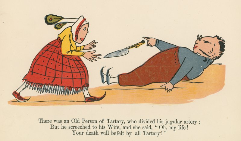Det fanns en gammal person i Tartary som delade sin halspulsåder, ur "A Book of Nonsense", utgiven av Frederick Warne and Co. i London, ca 1875. av Edward Lear