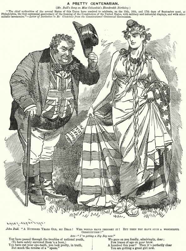 Punch cartoon: A Pretty Centenarian - hundraårsdagen av utarbetandet av USA:s konstitution (gravyr) av Edward Linley (after) Sambourne