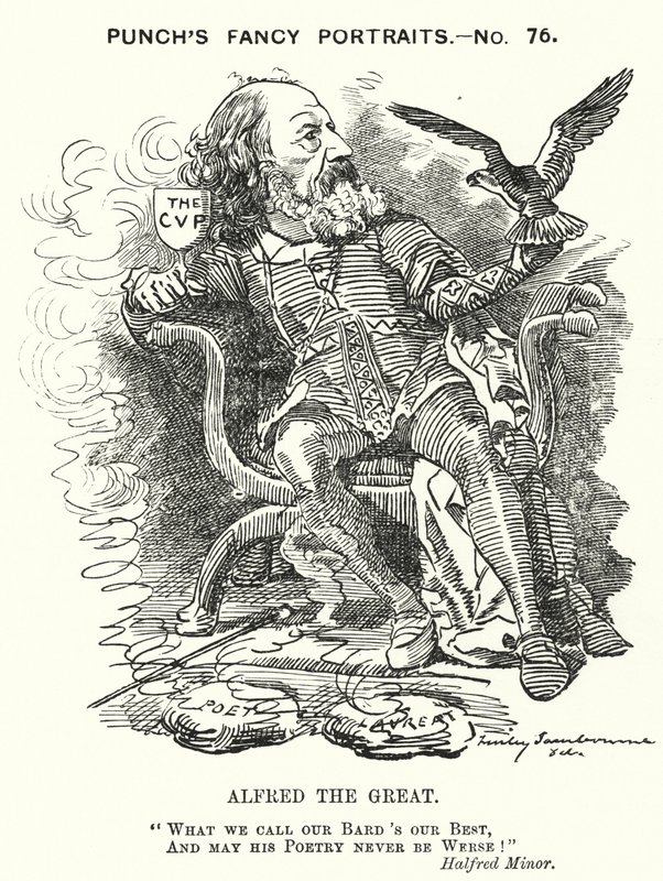 Punch tecknad: Alfred, Lord Tennyson, engelsk poet (gravyr) av Edward Linley (after) Sambourne