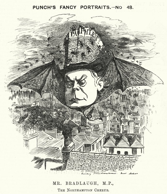 Punch tecknad: Charles Bradlaugh, engelsk liberal politiker och ateist (gravyr) av Edward Linley (after) Sambourne