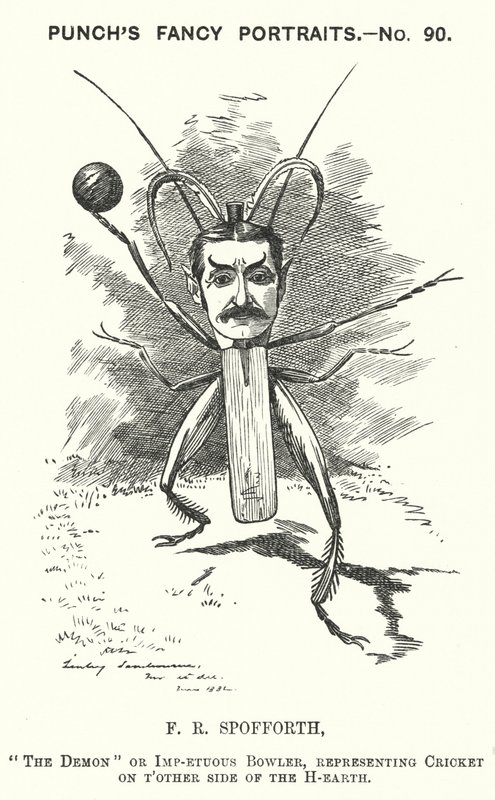 Punch tecknad: Fred Spofforth, australisk cricketspelare (gravyr) av Edward Linley (after) Sambourne