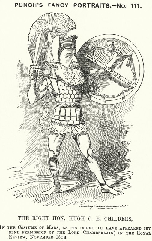 Punch tecknad: Hugh Childers, engelsk liberal politiker (gravyr) av Edward Linley (after) Sambourne