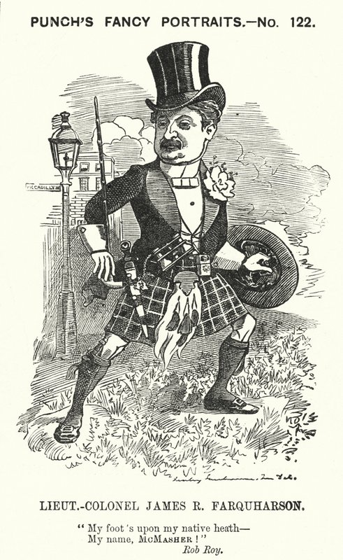 Punch tecknad: James Ross Farquharson, skotsk soldat (gravyr) av Edward Linley (after) Sambourne