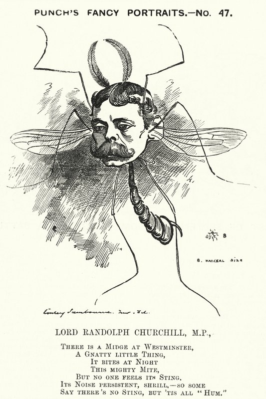 Punch tecknad: Lord Randolph Churchill, engelsk konservativ politiker (gravyr) av Edward Linley (after) Sambourne