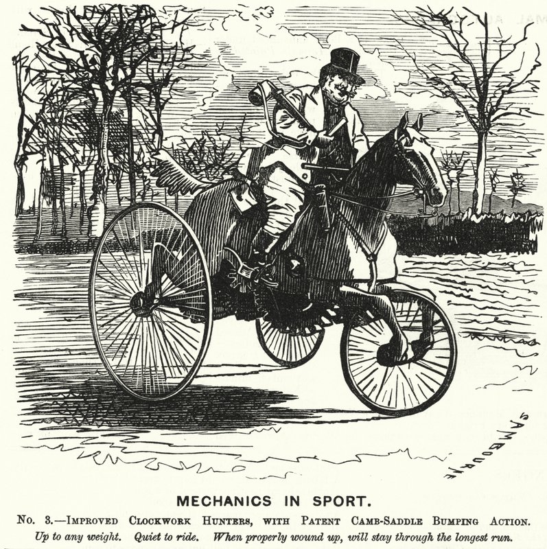Punch tecknad: Mechanics in Sport. Nr 3. - Förbättrade Clockwork Hunters, med patenterad kam-sadel stötverkan (gravyr) av Edward Linley (after) Sambourne