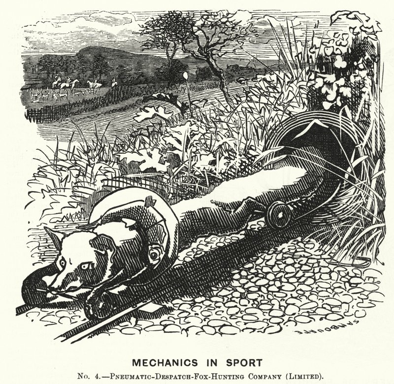 Punch tecknad: Mechanics in Sport. Nr 4. - Pneumatic Despatch Fox Hunting Company (Begränsat) (gravyr) av Edward Linley (after) Sambourne