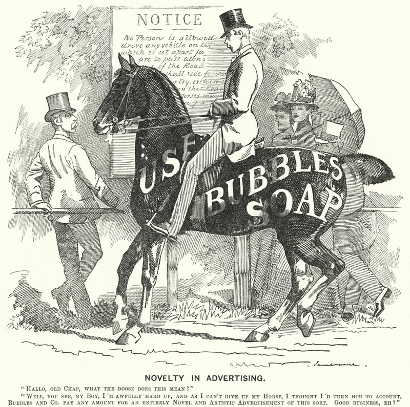 Punch cartoon: Novelty in Advertising (gravyr) av Edward Linley (after) Sambourne