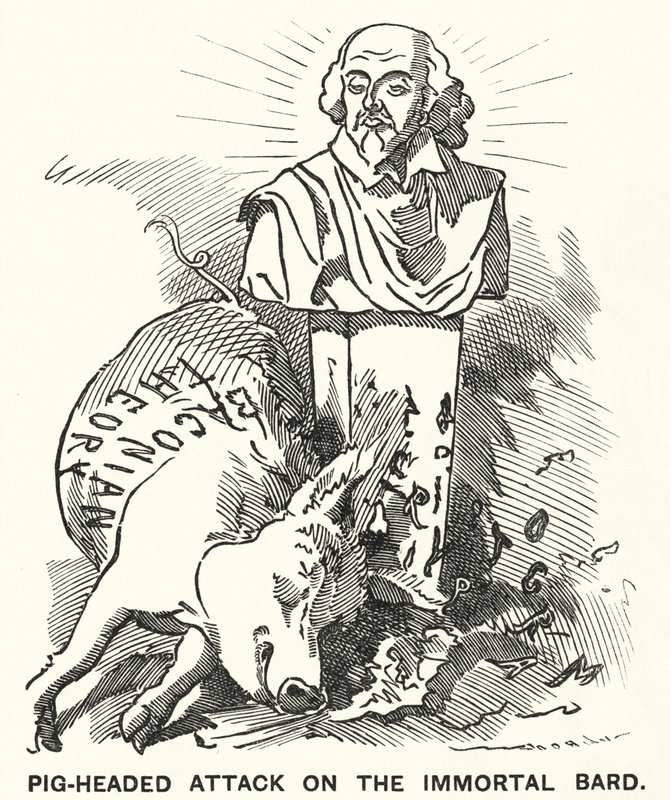 Punch cartoon: Pig-headed Attack on the Immortal Bard - teorin att William Shakespeares pjäser faktiskt skrevs av Sir Francis Bacon (gravyr) av Edward Linley (after) Sambourne