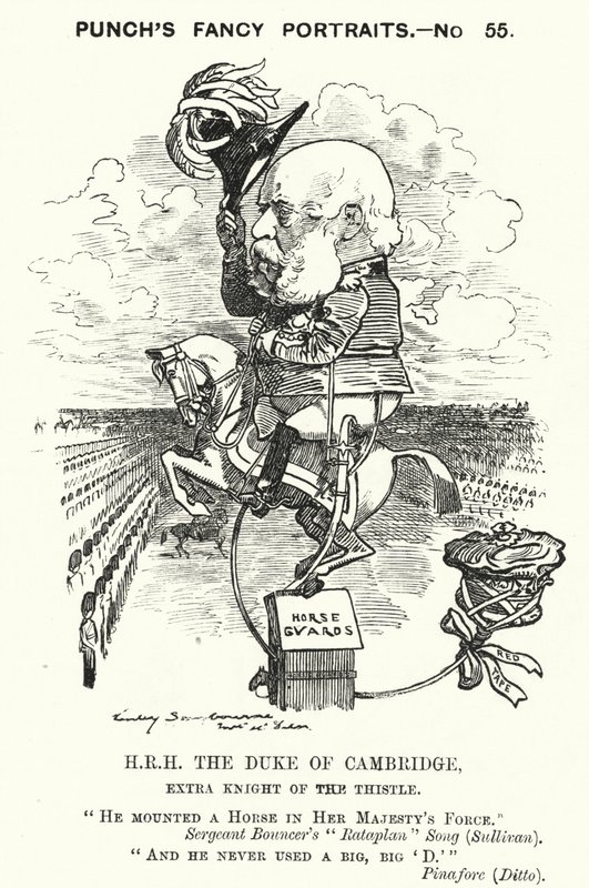 Punch tecknad: Prins George, hertig av Cambridge, brittisk soldat (gravyr) av Edward Linley (after) Sambourne