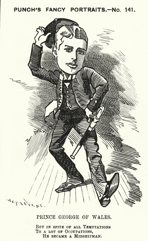 Punch tecknad: Prins George av Wales, den blivande kungen George V, som midskeppsman i Royal Navy (gravyr) av Edward Linley (after) Sambourne