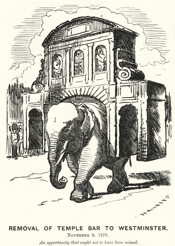 Punch tecknad: Borttagning av Temple Bar till Westminster (gravyr) av Edward Linley (after) Sambourne