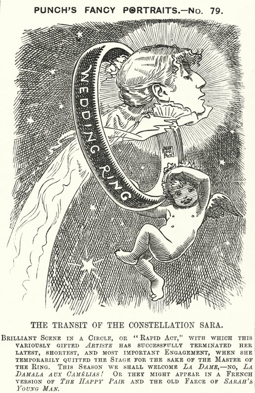 Punch tecknad: Sarah Bernhardt, fransk skådespelerska (gravyr) av Edward Linley (after) Sambourne