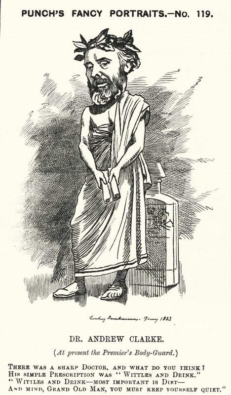 Punch tecknad: Sir Andrew Clarke, brittisk läkare, läkare till William Ewart Gladstone (gravyr) av Edward Linley (after) Sambourne