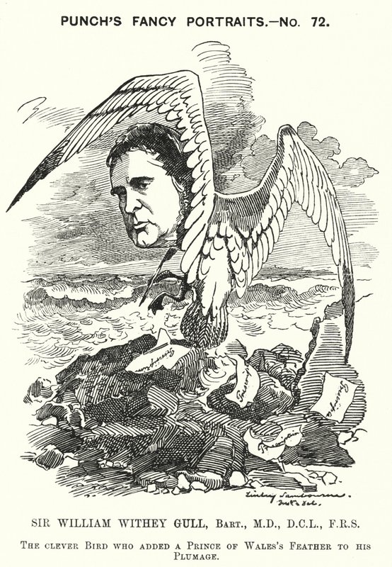 Punch-tecknad film: Sir William Withey Gull, engelsk läkare som behandlade prinsen av Wales för tyfus och blev ordinarie läkare för drottning Victoria (gravyr) av Edward Linley (after) Sambourne