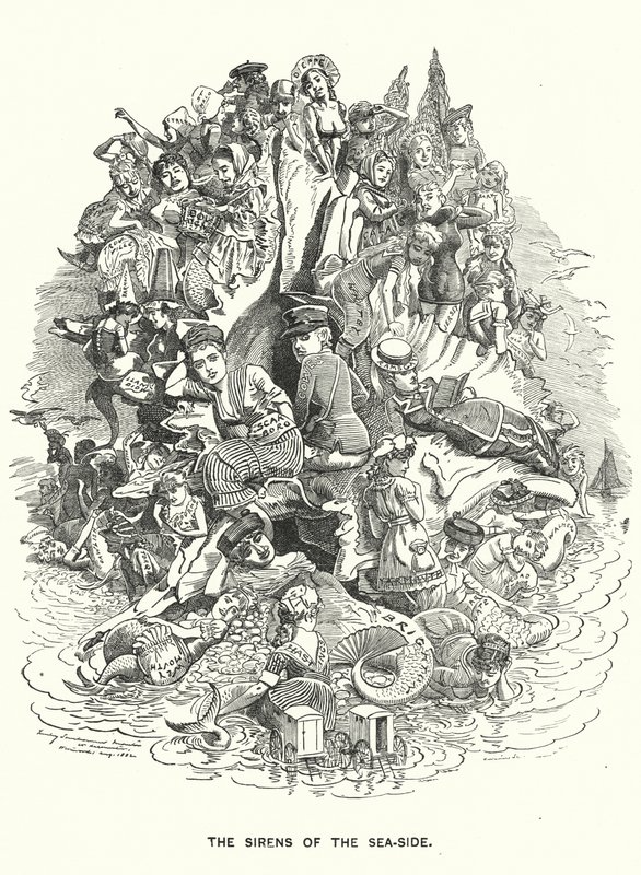 Punch tecknad serie: The Sirens of the Sea-Side - Brittiska semesterorter vid kusten (gravyr) av Edward Linley (after) Sambourne