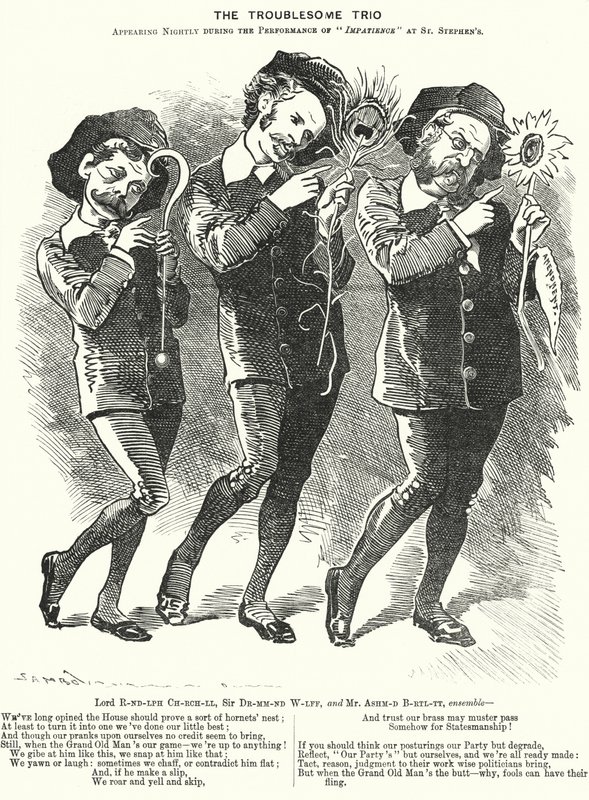 Punch tecknad: The Troublesome Trio: Lord Randolph Churchill, Henry Drummond Wolff och Ellis Ashmead-Bartlett, brittiska konservativa politiker (gravyr) av Edward Linley (after) Sambourne