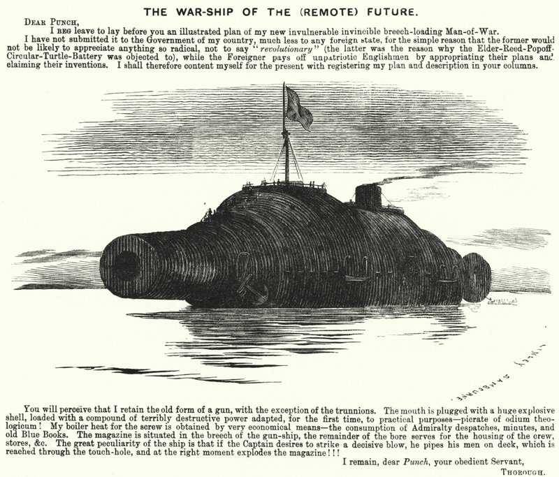 Punch tecknad: The Warship of the (Remote) Future (gravyr) av Edward Linley (after) Sambourne