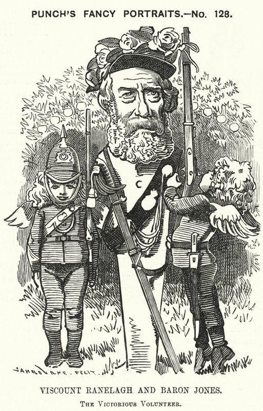Punch-tecknad film: Thomas Heron Jones, 7:e Viscount Ranelagh och Baron Jones av Navan, promotor för den brittiska arméns frivilligrörelse (gravyr) av Edward Linley (after) Sambourne