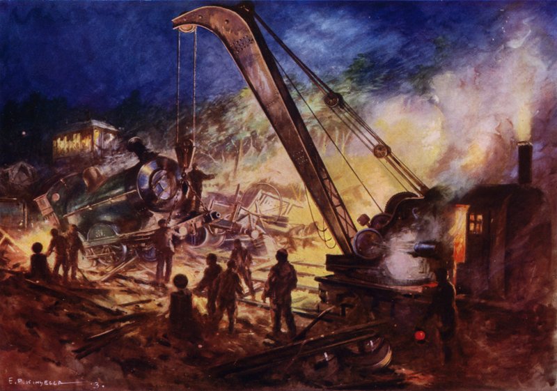 Kran tar bort vrakdelar från platsen för en järnvägsolycka (färg litho) av Edward Parick Kinsella