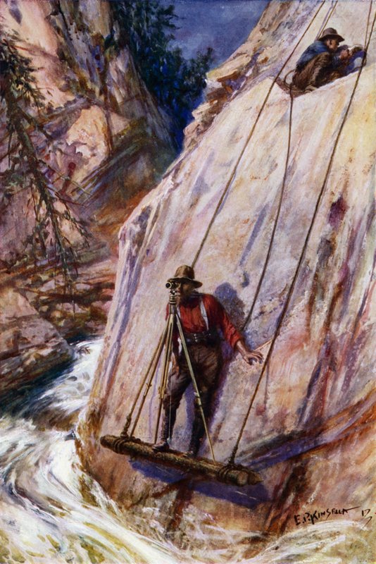 Järnvägsinspektörer som utför osäkra arbeten på sträckan för en bergsjärnväg (färg litho) av Edward Parick Kinsella