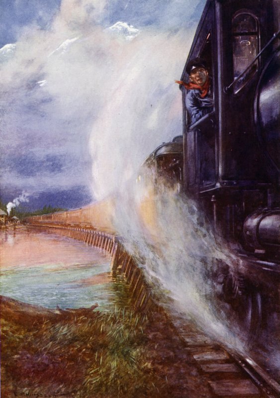 Tåg som passerar längs Skeena River på Grand Trunk Pacific Railway, Kanada (färg litho) av Edward Parick Kinsella