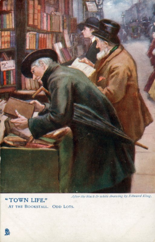 Town Life: kunder som surfar i ett bokstånd (litho i färg) av Edward R. King