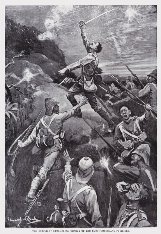 Slaget vid Stormberg, laddning av Northumberland Fusiliers (litho) av Edward Read
