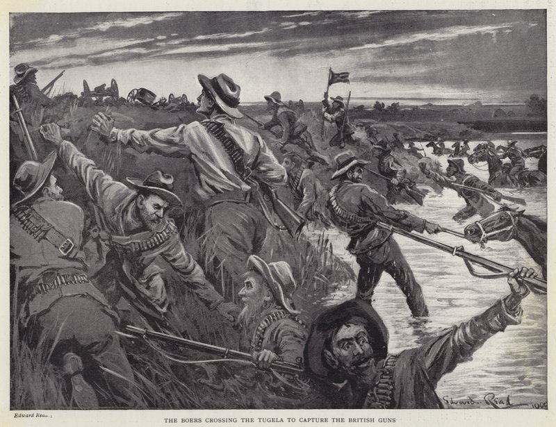Boerna korsar Tugela för att fånga de brittiska kanonerna (litho) av Edward Read