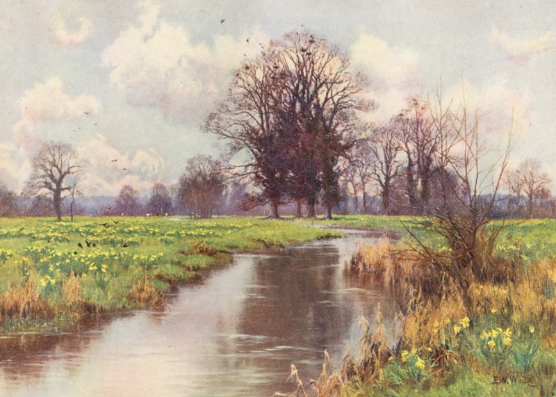Den är fri från bördor, denna glada lilla flod, och varken damm eller kvarn hindrar den snabba vägen till havet (färglitografi) av Edward Wilkins Waite