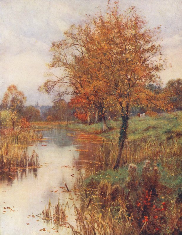 De döda löven faller mjukt och sorgset genom den lugna, ljuva luften (färglitografi) av Edward Wilkins Waite
