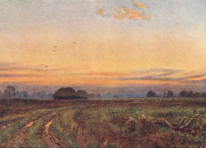 Solen går ner ... ... Jorden vänder som ett trött barn sitt ansikte mot nattens sköte (färglitografi) av Edward Wilkins Waite