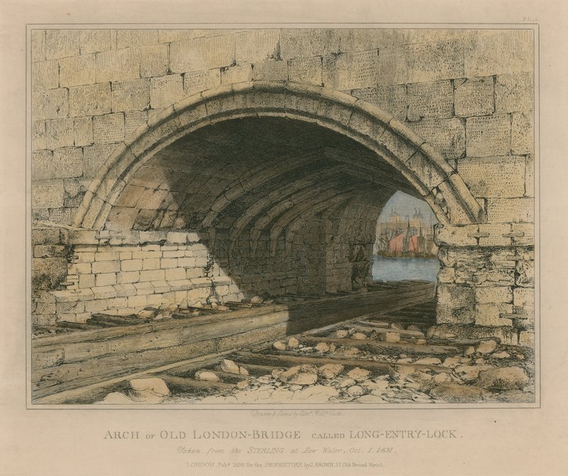 Arch av gamla London Bridge kallas Long Entry Lock av Edward William Cooke