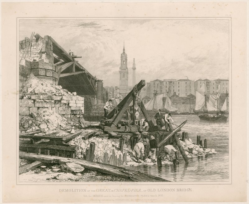 Rivning av en del av Old London Bridge. Mars 1832 av Edward William Cooke