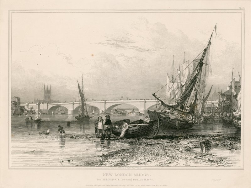 New London Bridge, från Billingsgate (lågvatten), ritad 31 juli 1832 av Edward William Cooke