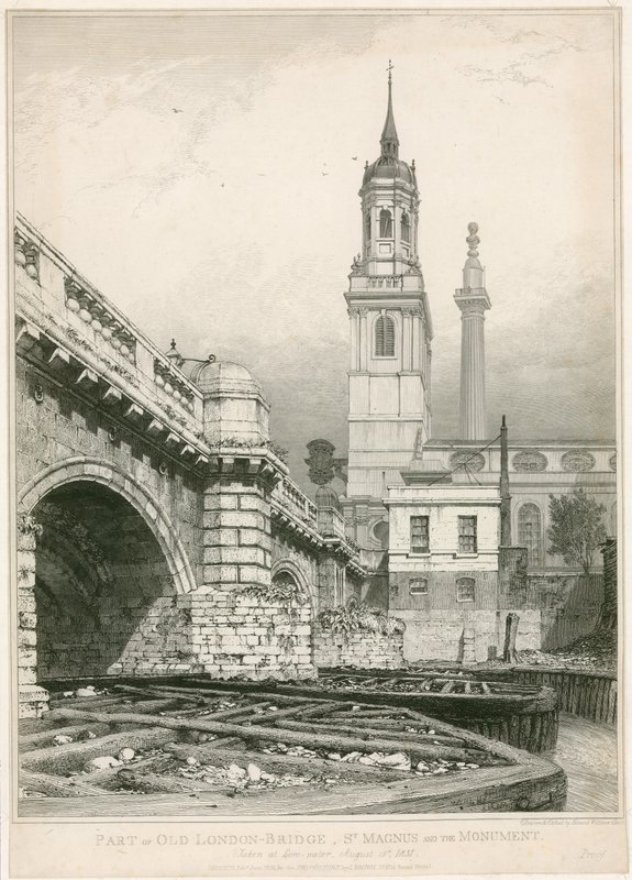 En del av Old London Bridge, St Magnus och monumentet av Edward William Cooke