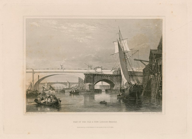 En del av de gamla och nya London Bridges. Ritad 1832 av Edward William Cooke
