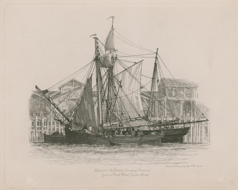 Skonaren und Smack ligger vid Fresh Wharf av Edward William Cooke