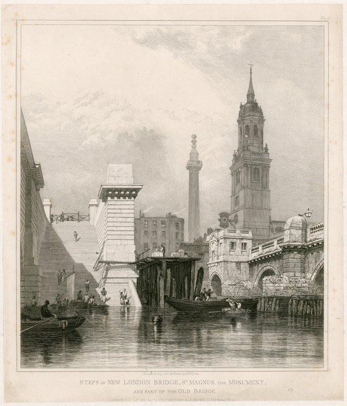 Steps of New London Bridge, St Magnus, monumentet och en del av Old Bridge av Edward William Cooke