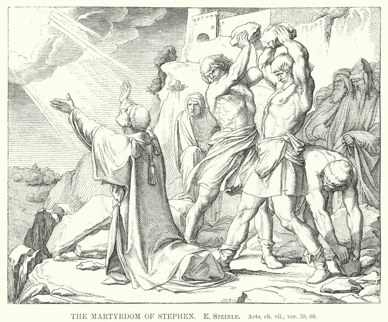 Stefans martyrskap, Apostlagärningarna, kap vii, ver 59, 60 (gravyr) av Edward von Steinle