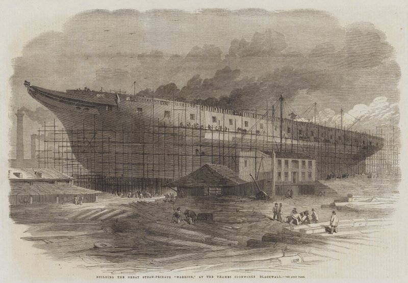 Byggandet av den stora ångfregatten Warior vid Thames Ironworks Blackwall av Edwin Weedon