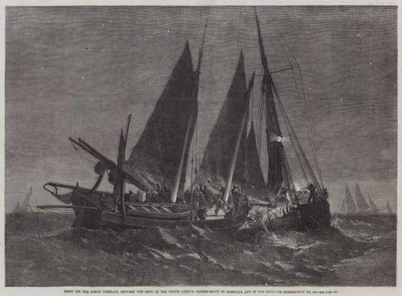 Slagsmål utanför North Foreland mellan besättningen på Prince Arthur Fishing-Smack från Ramsgate och Boulogne Fishing-Boat No 439 av Edwin Weedon