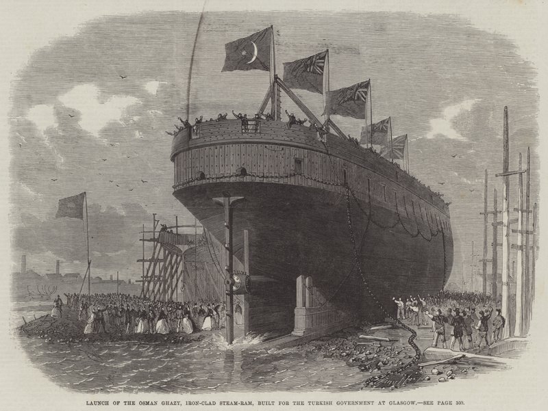 Lansering av Osman Ghazy, Iron-Clad Steam-Ram, byggd för den turkiska regeringen i Glasgow av Edwin Weedon